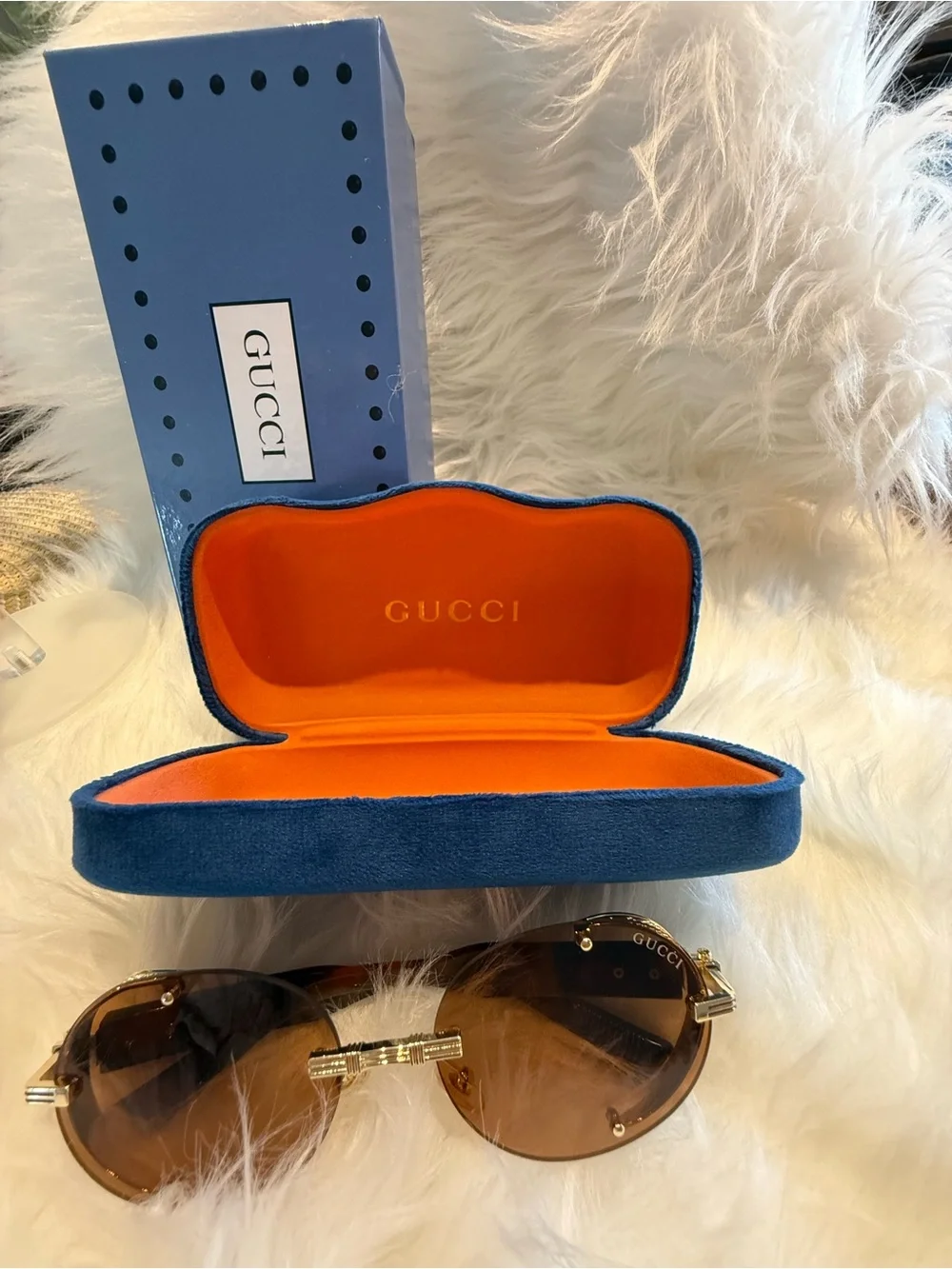Gucci Rimless Oval Sunglasses with Brown Lenses and Gold Hardware
